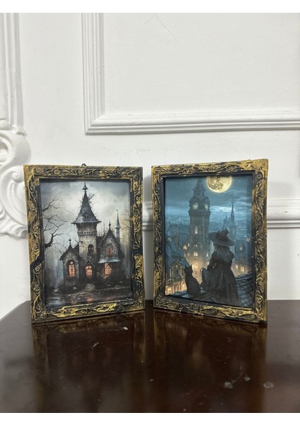 Vintage Tarzı Şato ve Kedi Dekoratif Dekopaj Tablo 2li 20CM