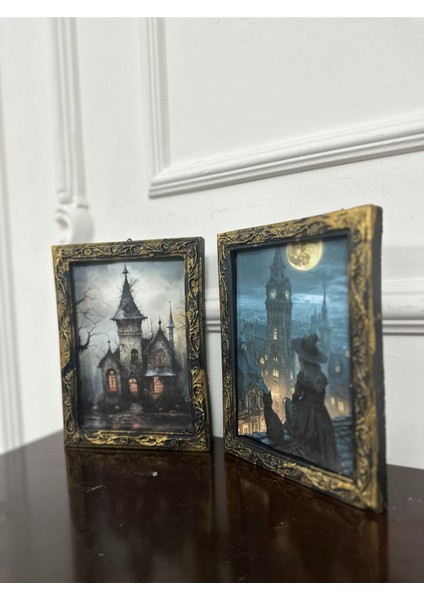 Vintage Tarzı Şato ve Kedi Dekoratif Dekopaj Tablo 2li 20CM fiyatları