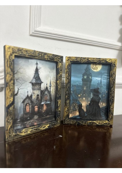 Vintage Tarzı Şato ve Kedi Dekoratif Dekopaj Tablo 2li 20CM modelleri