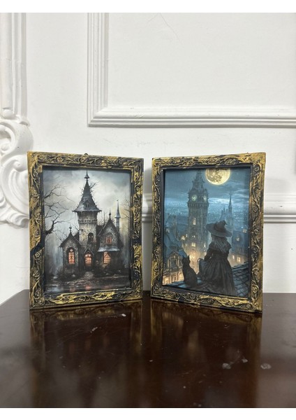 Vintage Tarzı Şato ve Kedi Dekoratif Dekopaj Tablo 2li 20CM fırsatları