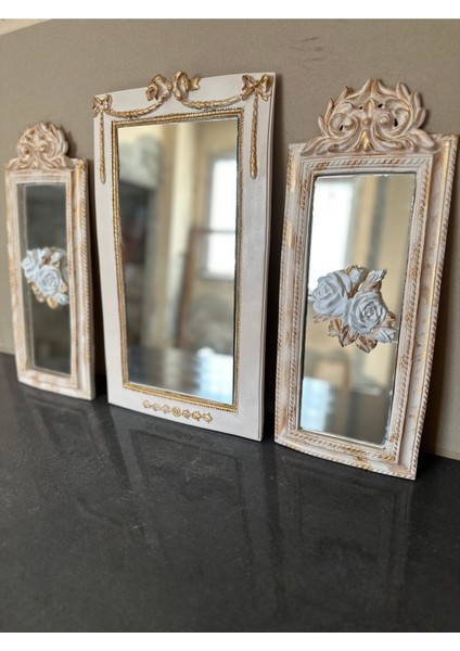 Krem Aynalı Gül Detaylı Tablo 50CM , Tasarım Aynalı Tablo 3lü Set fiyatları