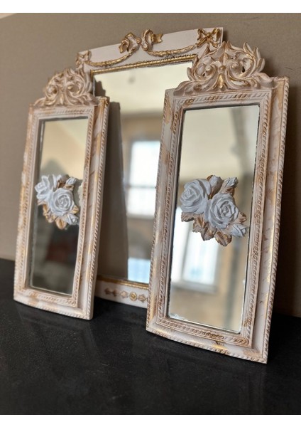 Krem Aynalı Gül Detaylı Tablo 50CM , Tasarım Aynalı Tablo 3lü Set modelleri