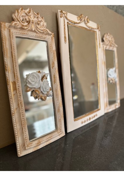 Krem Aynalı Gül Detaylı Tablo 50CM , Tasarım Aynalı Tablo 3lü Set indirimleri
