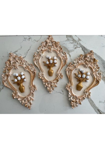 Krem Rengi 3 Lü Tablo Çiçekli Dekoratif Duvar Tablosu 42CM modelleri