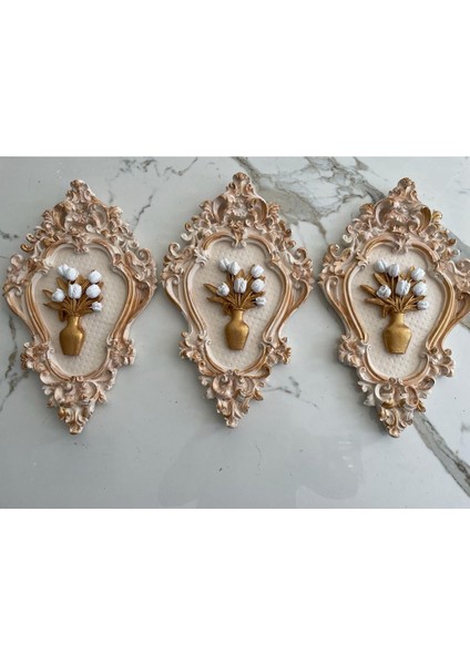 Krem Rengi 3 Lü Tablo Çiçekli Dekoratif Duvar Tablosu 42CM fırsatları