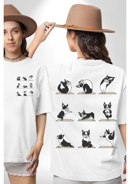 Yoga Yapan Yoga Hareketleri Yapan Köpek Beyaz Oversize Kadın Erkek Ön ve Sırt Baskılı Tişört