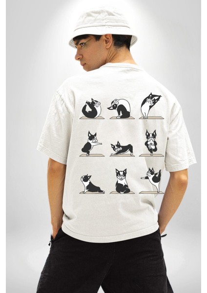 Yoga Yapan Yoga Hareketleri Yapan Köpek Beyaz Oversize Kadın Erkek Ön ve Sırt Baskılı Tişört fiyatları