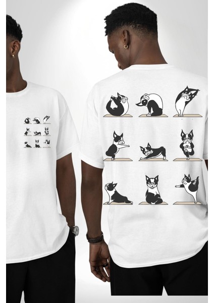 Yoga Yapan Yoga Hareketleri Yapan Köpek Beyaz Oversize Kadın Erkek Ön ve Sırt Baskılı Tişört fırsatları