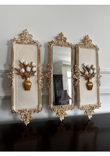 Çiçekli Çerçeveli Duvar Tablo ve Ayna Takımı 3 Lü 46CM