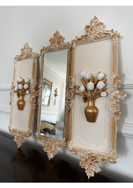 Çiçekli Çerçeveli Duvar Tablo ve Ayna Takımı 3 Lü 46CM fiyatları