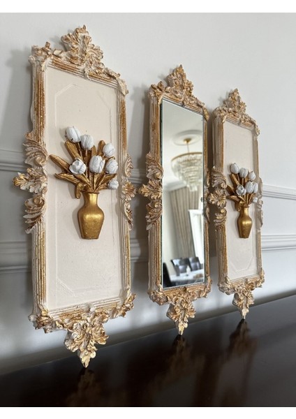 Çiçekli Çerçeveli Duvar Tablo ve Ayna Takımı 3 Lü 46CM modelleri