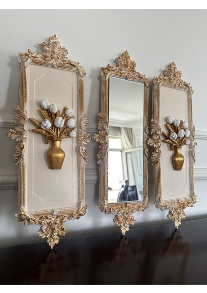 Çiçekli Çerçeveli Duvar Tablo ve Ayna Takımı 3 Lü 46CM fırsatları