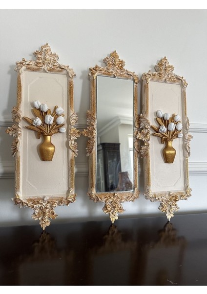 Çiçekli Çerçeveli Duvar Tablo ve Ayna Takımı 3 Lü 46CM