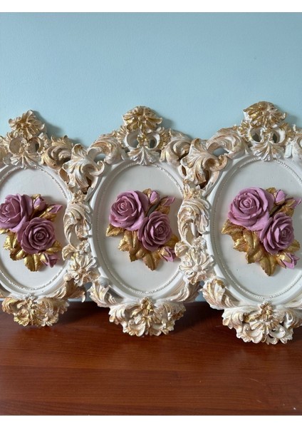 Pembe Gül Detaylı 3 Lü Tablo Set Duvar Dekoratif Aksesuar modelleri