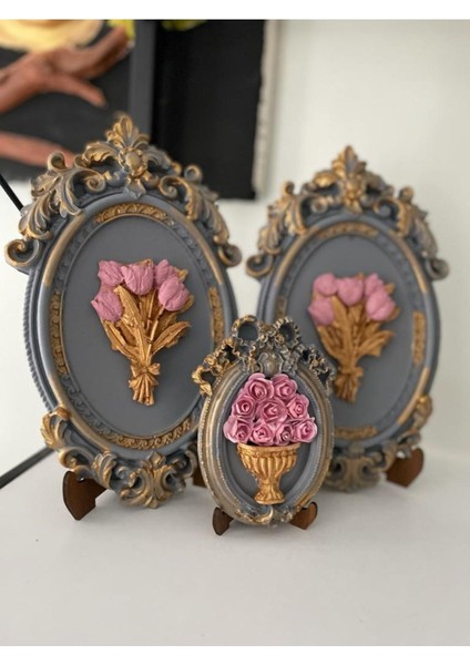 Çiçekli Çerçeveli Tablo 3 Lü Set , Duvar Masa Dekoratif Aksesuar