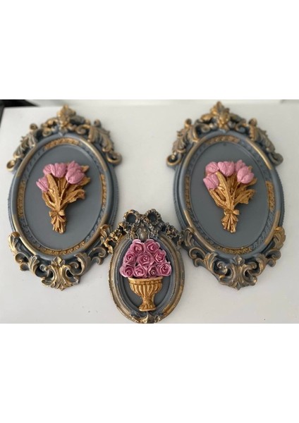 Çiçekli Çerçeveli Tablo 3 Lü Set , Duvar Masa Dekoratif Aksesuar fırsatları