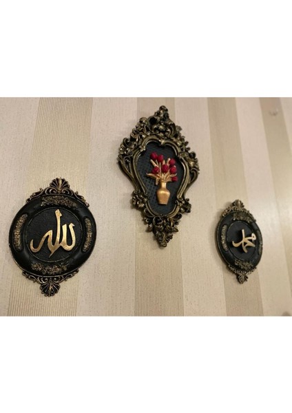 Çiçekli Çerçeveli Duvar Tablosu 3 Lü Set , Allah Muhammet Lavzi Tablo
