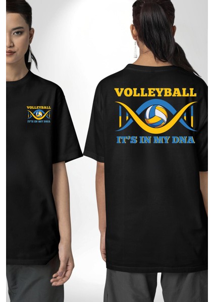 Voleybol Dna’mda Var Yazılı Siyah Oversize Kadın Erkek Ön ve Sırt Baskılı Tişört fırsatları