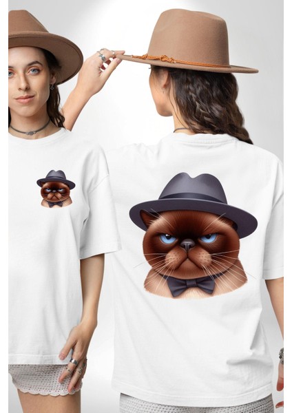 Kedinin Zarif Ciddiyeti Şapka ve Papyon Beyaz Oversize Kadın Erkek Ön ve Sırt Baskılı Tişört