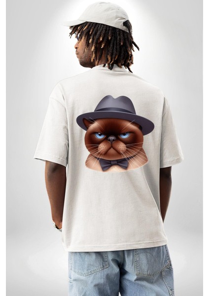 Kedinin Zarif Ciddiyeti Şapka ve Papyon Beyaz Oversize Kadın Erkek Ön ve Sırt Baskılı Tişört fiyatları