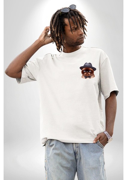 Kedinin Zarif Ciddiyeti Şapka ve Papyon Beyaz Oversize Kadın Erkek Ön ve Sırt Baskılı Tişört modelleri