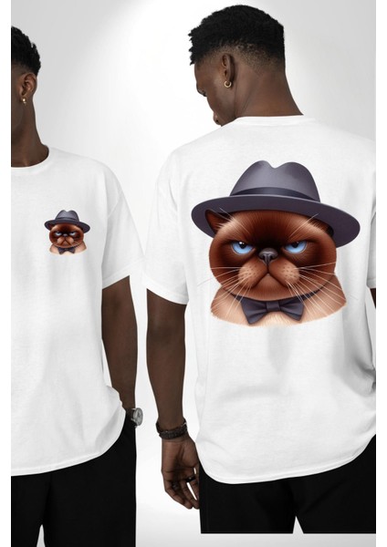 Kedinin Zarif Ciddiyeti Şapka ve Papyon Beyaz Oversize Kadın Erkek Ön ve Sırt Baskılı Tişört fırsatları