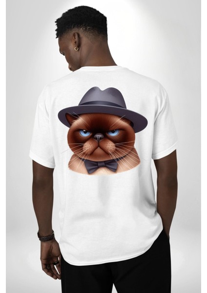 Kedinin Zarif Ciddiyeti Şapka ve Papyon Beyaz Oversize Kadın Erkek Ön ve Sırt Baskılı Tişört indirimleri