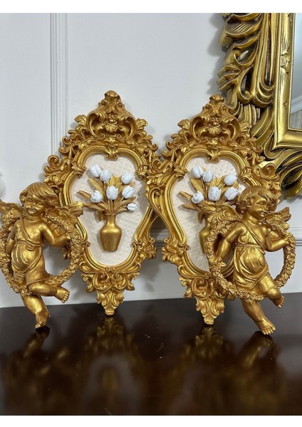 Melek Biblo Melek ve Çiçekli Tablo Dekor 4 Lü Set