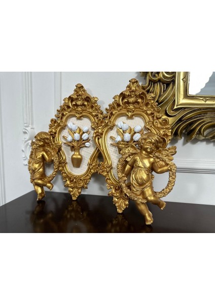 Melek Biblo Melek ve Çiçekli Tablo Dekor 4 Lü Set