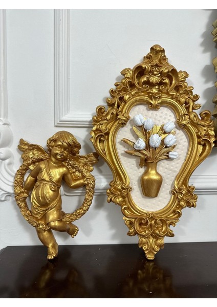 Melek Biblo Melek ve Çiçekli Tablo Dekor 4 Lü Set