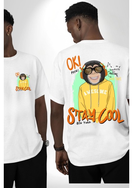 Stay Cool Eğlenceli Maymun Grafik Beyaz Oversize Kadın Erkek Ön ve Sırt Baskılı Tişört