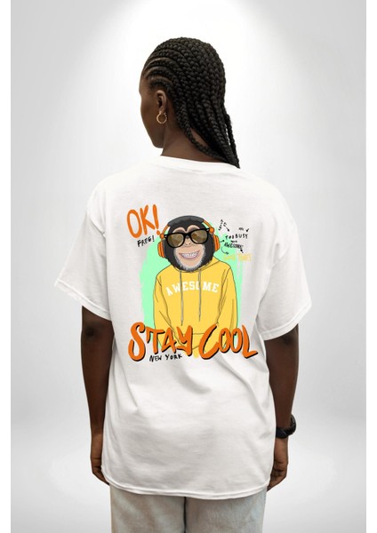 Stay Cool Eğlenceli Maymun Grafik Beyaz Oversize Kadın Erkek Ön ve Sırt Baskılı Tişört fiyatları