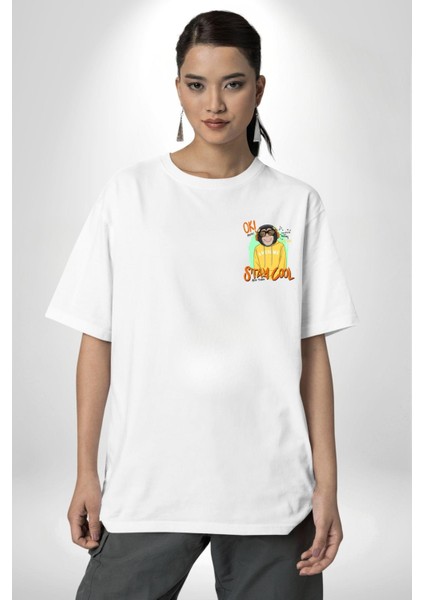 Stay Cool Eğlenceli Maymun Grafik Beyaz Oversize Kadın Erkek Ön ve Sırt Baskılı Tişört modelleri