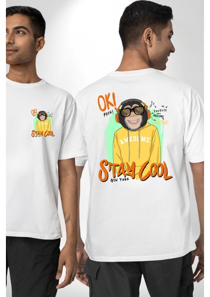 Stay Cool Eğlenceli Maymun Grafik Beyaz Oversize Kadın Erkek Ön ve Sırt Baskılı Tişört fırsatları
