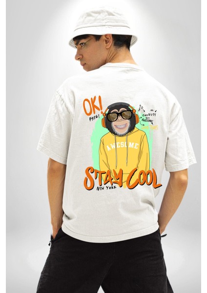 Stay Cool Eğlenceli Maymun Grafik Beyaz Oversize Kadın Erkek Ön ve Sırt Baskılı Tişört indirimleri