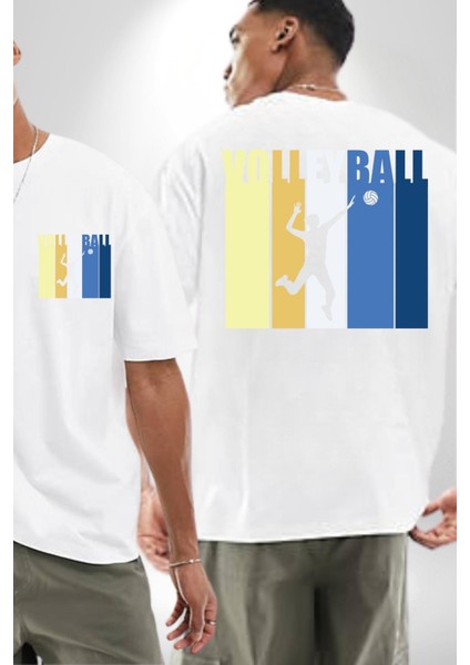 Voleybol Yazılı Renkli Enerjik Tasarım Beyaz Oversize Kadın Erkek Ön ve Sırt Baskılı Tişört