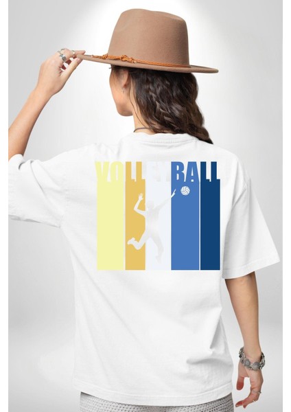 Voleybol Yazılı Renkli Enerjik Tasarım Beyaz Oversize Kadın Erkek Ön ve Sırt Baskılı Tişört fiyatları
