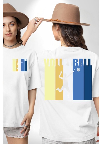 Voleybol Yazılı Renkli Enerjik Tasarım Beyaz Oversize Kadın Erkek Ön ve Sırt Baskılı Tişört fırsatları