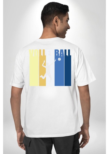 Voleybol Yazılı Renkli Enerjik Tasarım Beyaz Oversize Kadın Erkek Ön ve Sırt Baskılı Tişört indirimleri