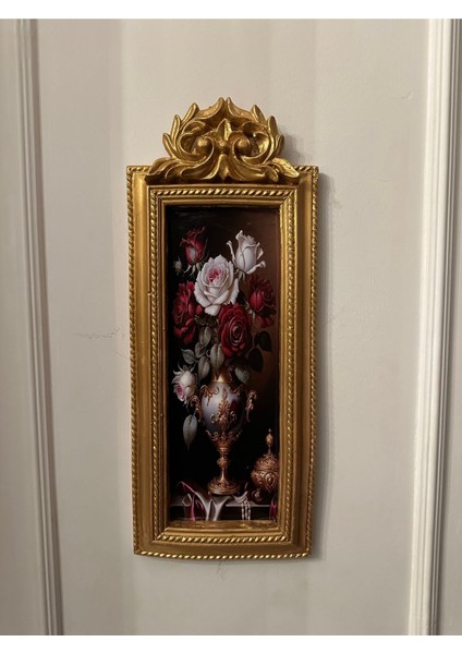 Vintage Tarzı El Yapımı Dekopaj Tablo Özel Tasarım 50X22CM,VAZODA Gül ve Çiçek Tablo