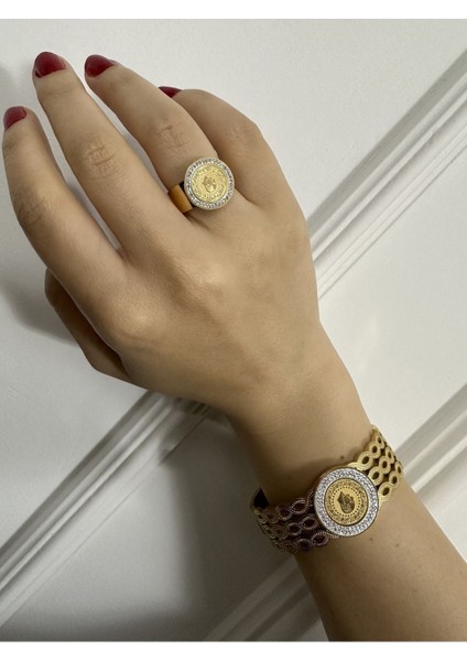 Çelik Kelepçe ve Yüzük Takı Seti Modern Tasarım