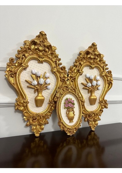 Dekoratif Çiçekli Tablo 3 Lü Set Duvar Dekorasyon