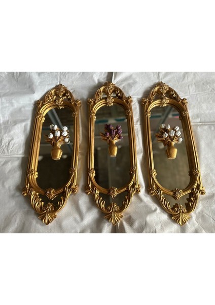 Özel Tasarım Ayna 3lü Set 70CM , Duvar Aynası Çiçekli Özel Tasarım