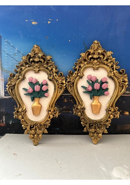 Siyah Gold Eskitme Pembe Çiçekli Tablo 2li Modern Tasarım El Yapımı Tablo