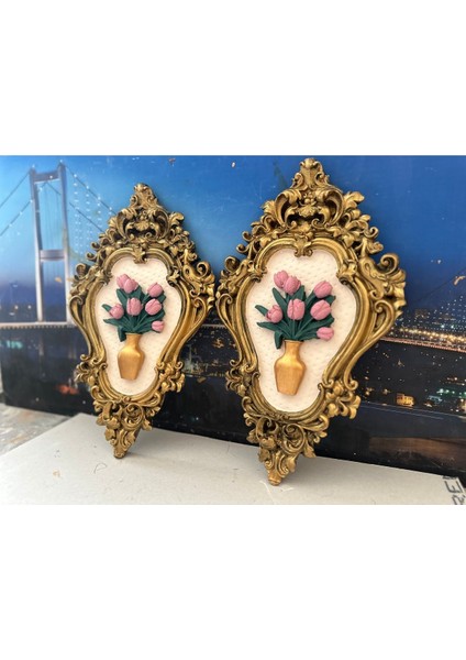 Siyah Gold Eskitme Pembe Çiçekli Tablo 2li Modern Tasarım El Yapımı Tablo fiyatları