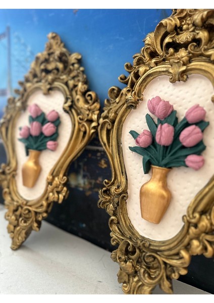 Siyah Gold Eskitme Pembe Çiçekli Tablo 2li Modern Tasarım El Yapımı Tablo modelleri