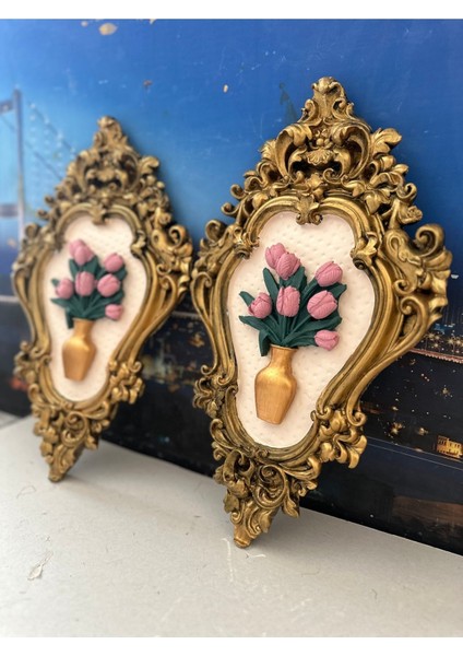 Siyah Gold Eskitme Pembe Çiçekli Tablo 2li Modern Tasarım El Yapımı Tablo fırsatları