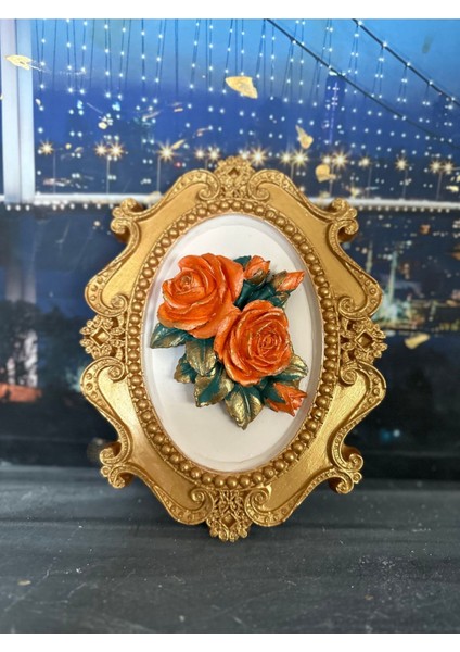 Turuncu Gül Detaylı El Yapımı Tablo 22CM