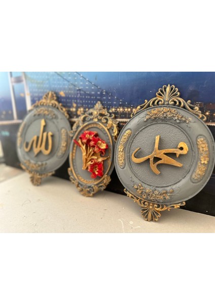 Allah Muhammet ve Çiçekli Tablo 3lü Set 25CM fiyatları