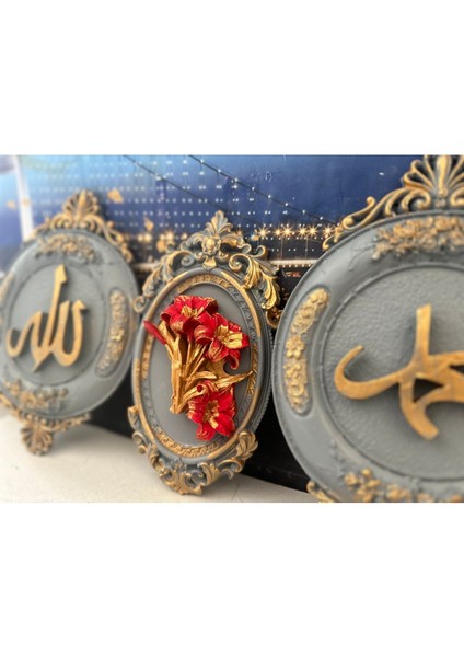 Allah Muhammet ve Çiçekli Tablo 3lü Set 25CM modelleri